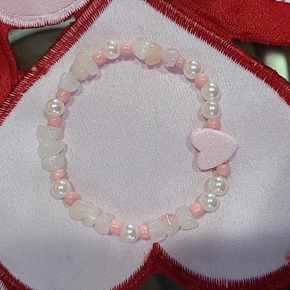 Valentines Day Bracelet Set Pink Gold Pearls Clay Heishi Bracelet Heart Handmade - Picture 3 of 6